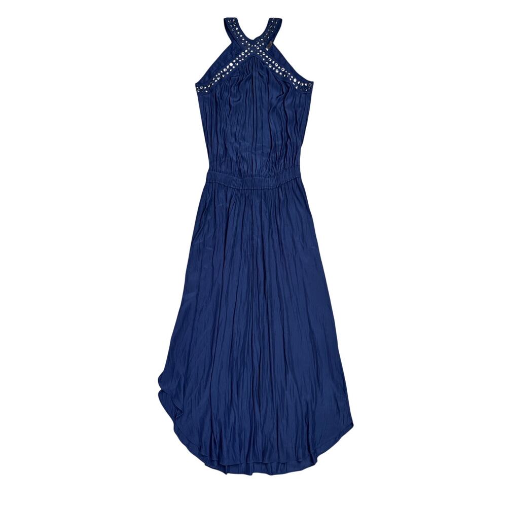 Ramy Brook Belle Halter Curved Hem Dress XS Navy Blue Beaded Neck Gown Wedding